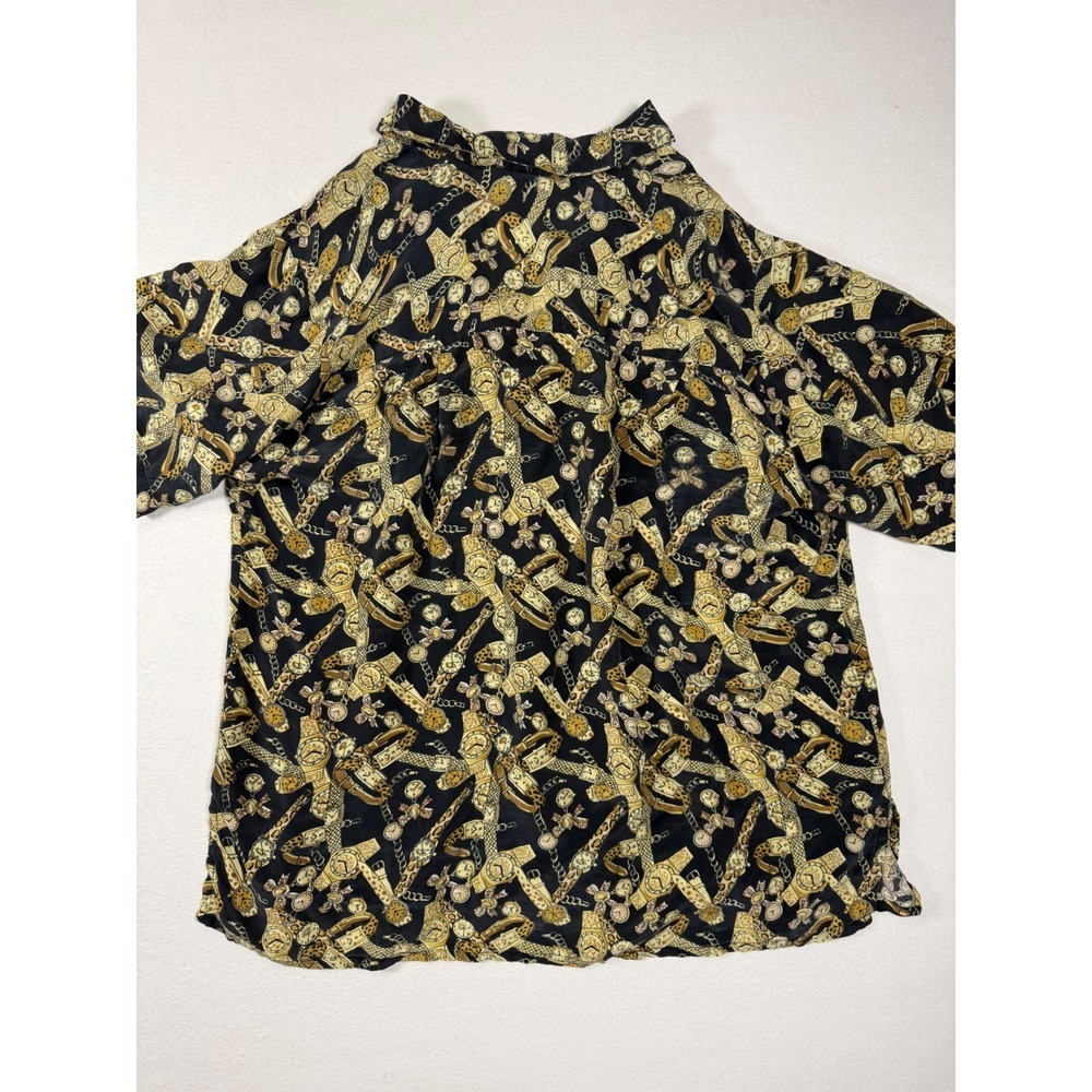 Natalie & Me Vintage 100% Silk Watch leopard Print Button Shirt Large Black 90s - Picture 3 of 9